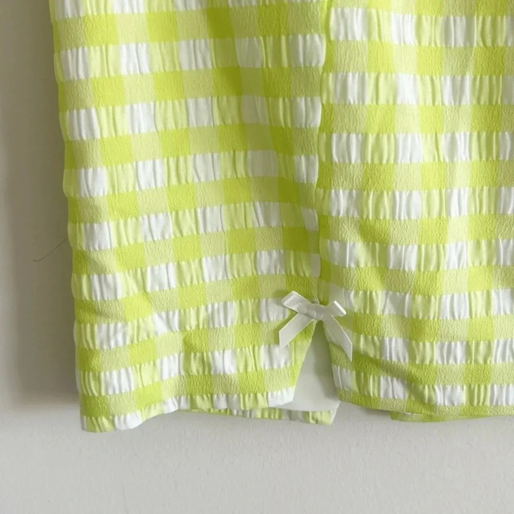 For Love and Lemons lime green gingham plaid mini skirt with bows NWT sz S & XS - Picture 4 of 9